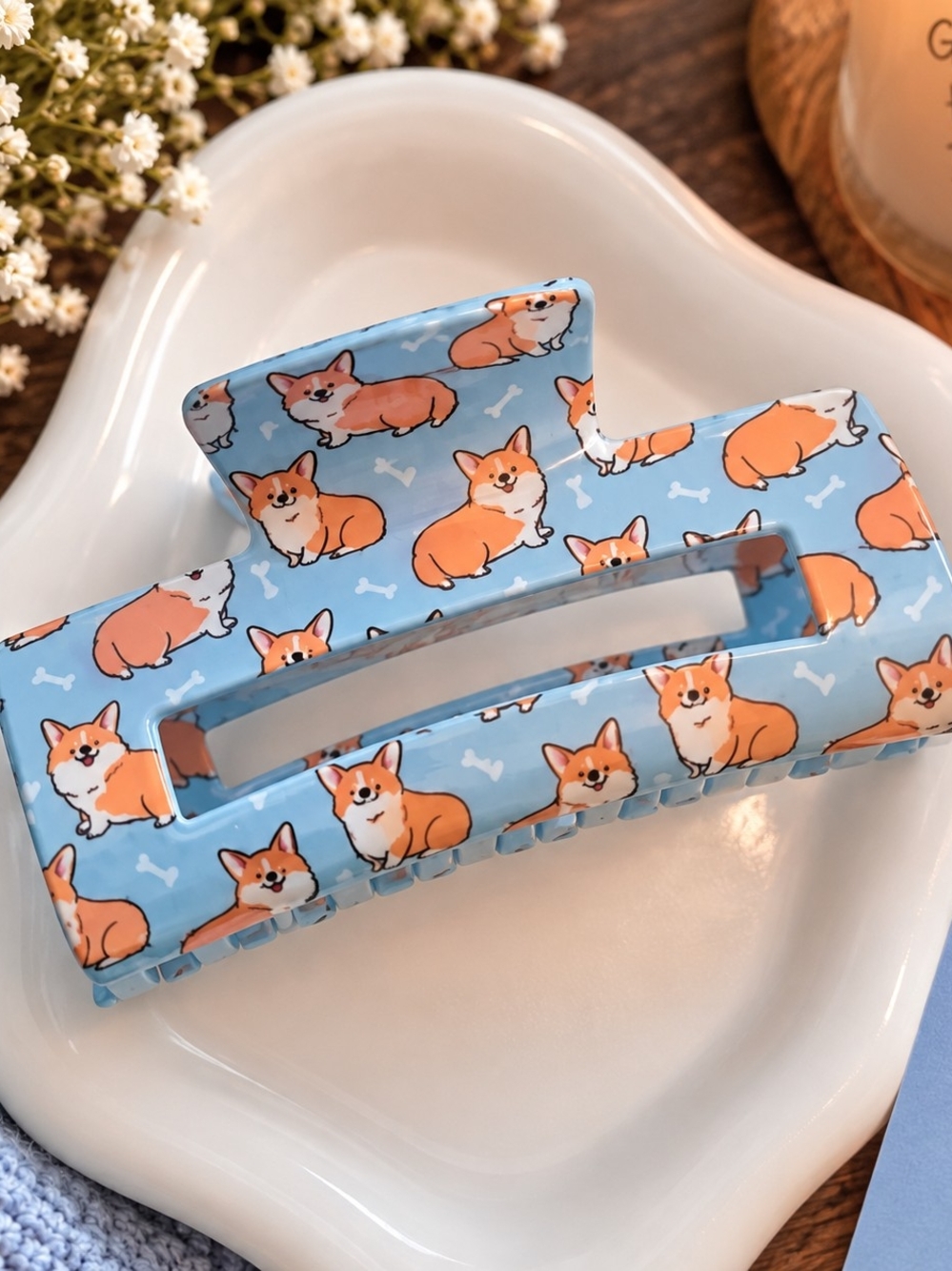 Large Acrylic Cute Blue Corgi Hair Claw Clip New